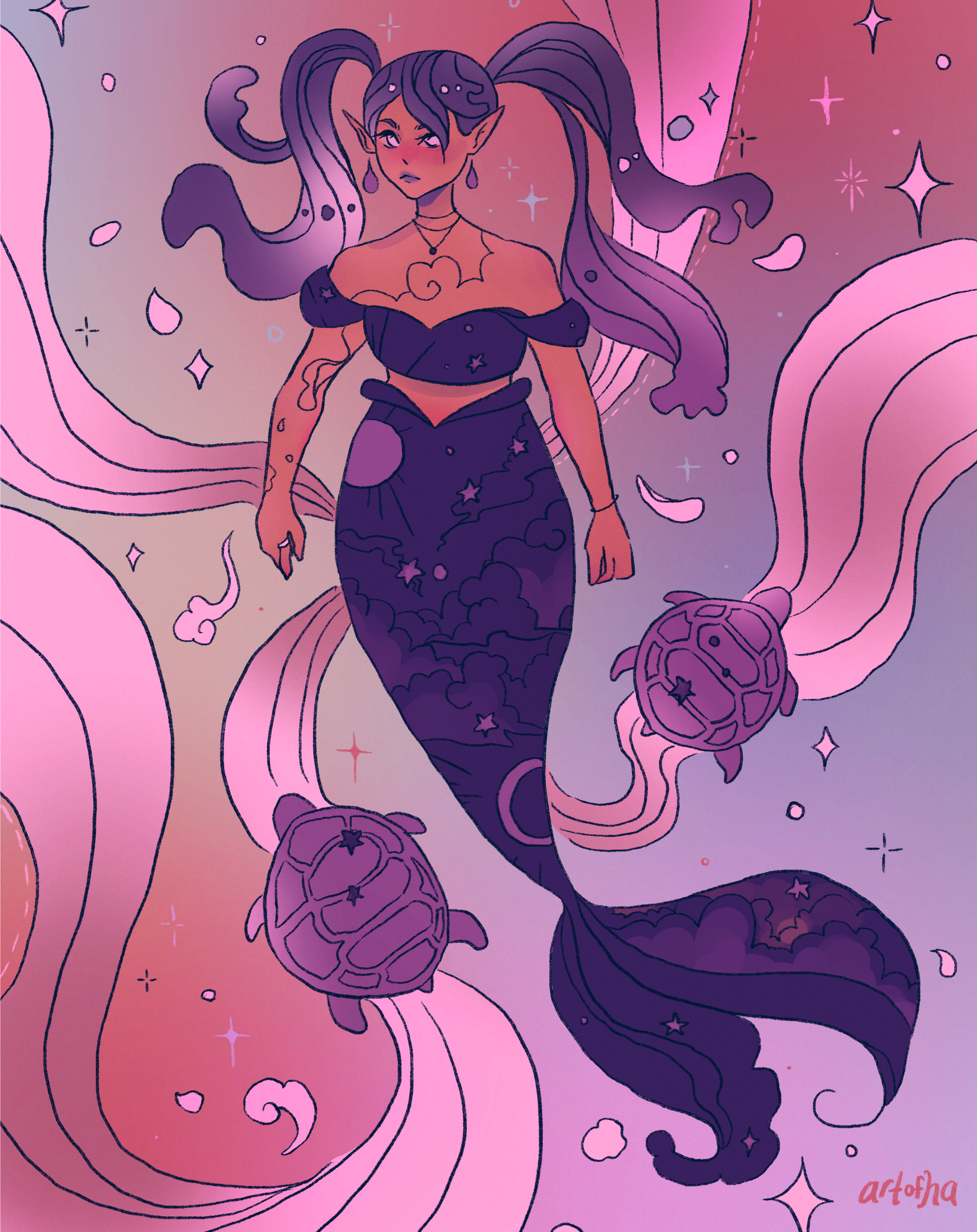 Mermaid with a purple tail surrounded by purple turtles